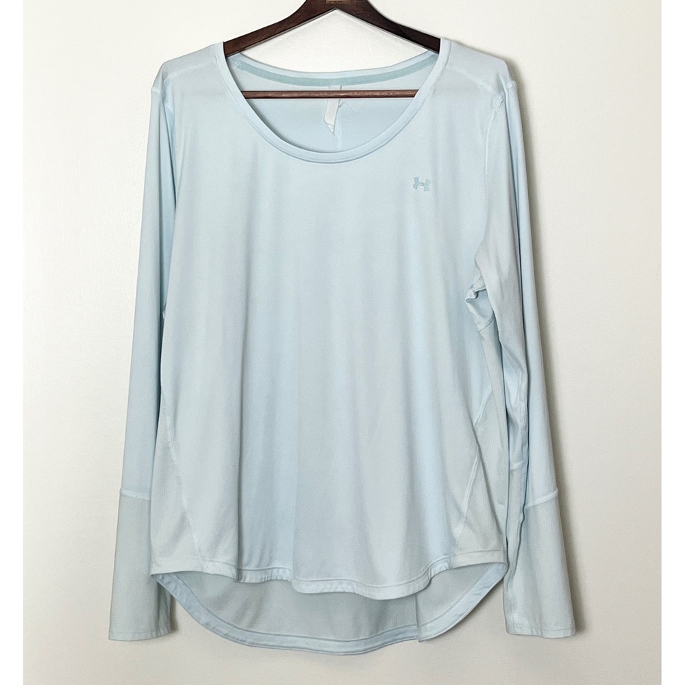 Under Armour Active Top Womens Large Light Blue Mesh Panel High Low Pilates Gym